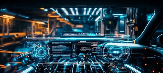 Futuristic Electric Vehicle Garage with Holographic Displays and Innovative Control Technology