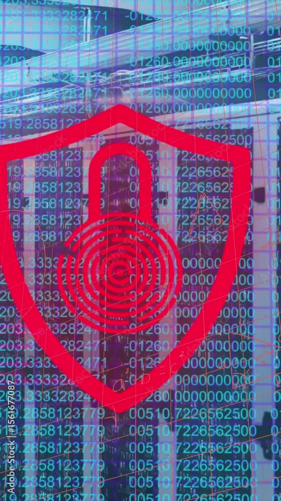Poster animation of security padlock icon and data processing against computer server room