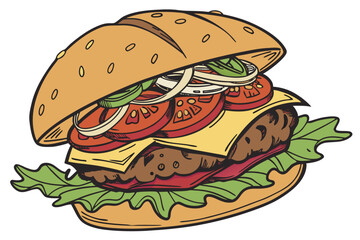 Juicy burger illustration with a delicious patty and fresh toppings