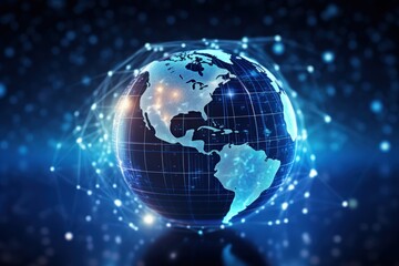 Fototapeta premium A digital globe depicting North and South America, surrounded by interconnected nodes representing global connectivity and data networks.