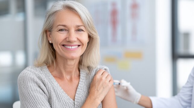 Close-up of smiling elderly woman receiving vaccination shot in clinic setting indoors.