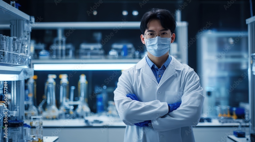 Poster scientist wearing mask and lab coat standing with crossed arms in modern laboratory.