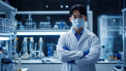Scientist Wearing Mask and Lab Coat Standing with Crossed Arms in Modern Laboratory.