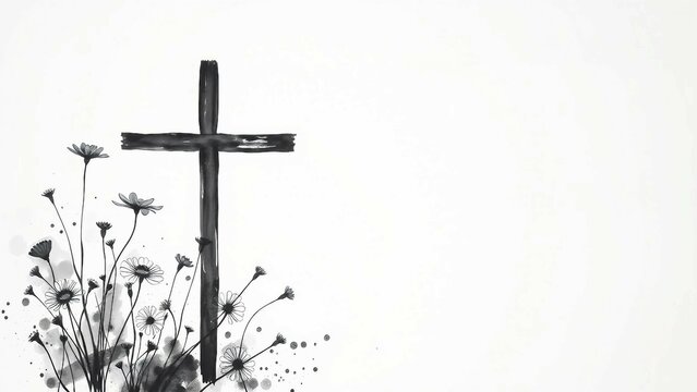 Minimalistische schwarz-wei&szlig;e Zeichnung eines christlichen Kreuzes mit Blumenverzierung auf wei&szlig;em Hintergrund.