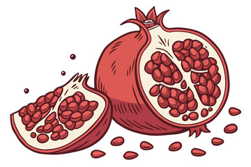 Detailed vector illustration of a ripe pomegranate bursting with seeds