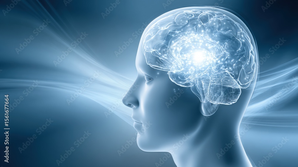 Poster Detailed side profile of human brain with illuminated neural connections in a futuristic setting.