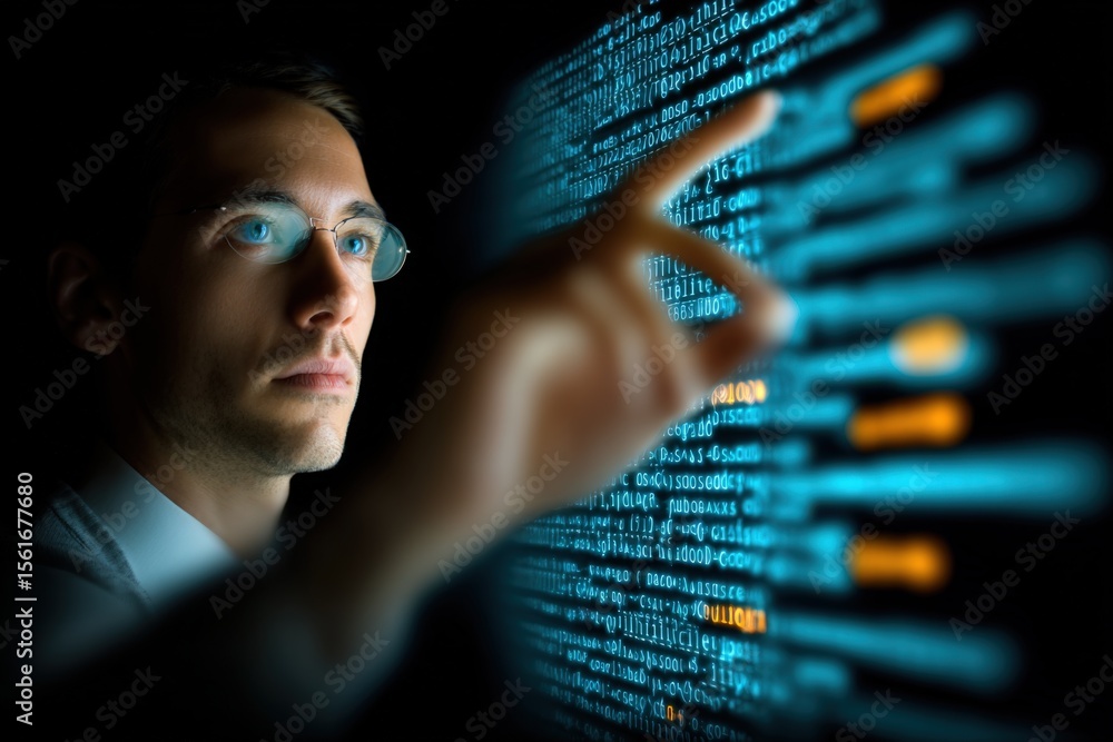 Poster Person with glasses interacting with digital code on screen in modern cybersecurity environment.