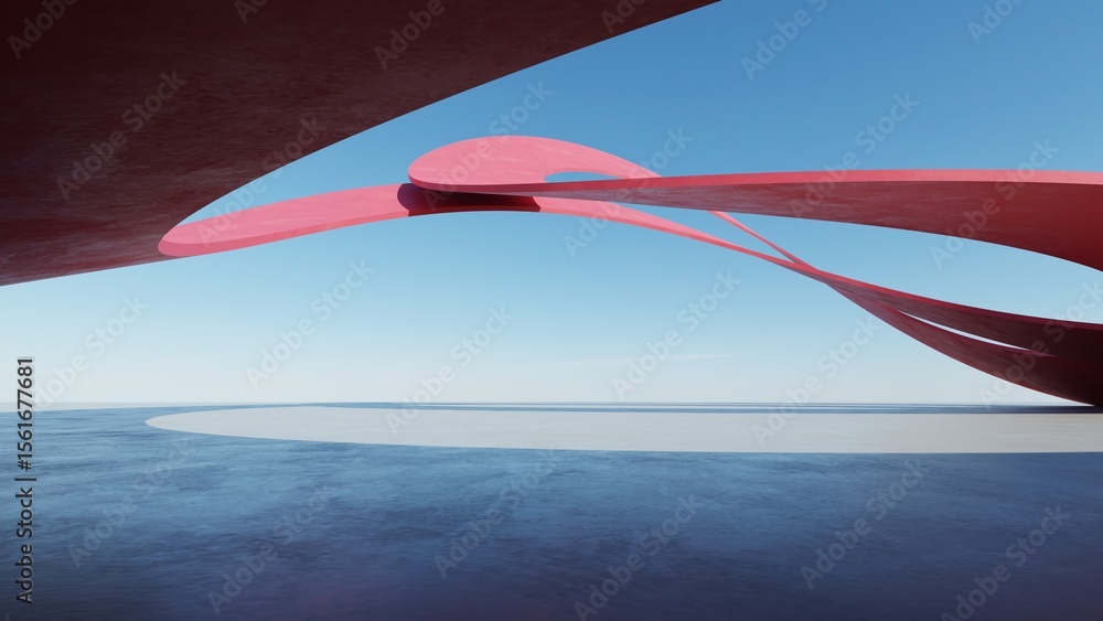 Poster abstract red curved architecture background, empty wavy dynamic building space with empty concrete f