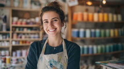 Smiling young woman in an apron standing in a colorful craft store or workshop.