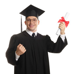 Happy student with diploma after graduation on white background