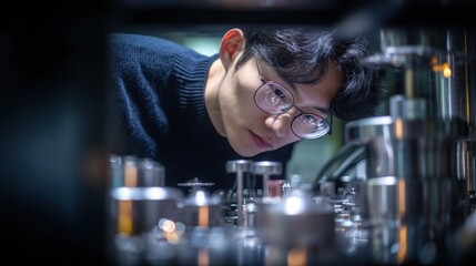 Young male scientist working with laboratory equipment in a science laboratory setting.