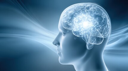 Detailed side profile of human brain with illuminated neural connections in a futuristic setting.