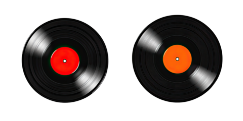 Two black vinyl records with red and orange labels