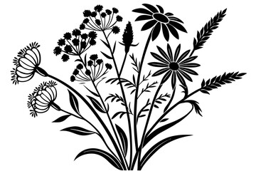Elegant black and white wildflower bouquet illustration with yellow accents