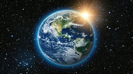 Obraz premium Earth From Space with Sunlight Brightening Hemisphere in Starry Background