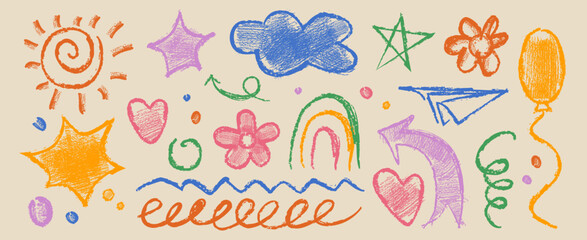 Childlike crayon doodle collection with colorful hand drawn elements in playful scribble style. Whimsical shape designs for kids nursery decor. Fun sketchy illustrations with vibrant chalk texture.