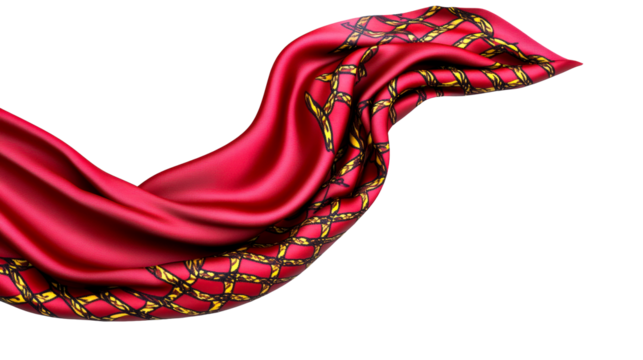 Elegant red silk fabric with chain pattern, flowing shape, cut out transparent