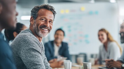 Business team meeting in modern office conference room with diverse colleagues smiling.