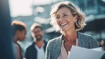 Smiling mature woman outdoors with diverse colleagues in business casual attire.