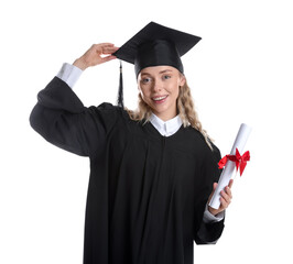 Happy student with diploma after graduation on white background