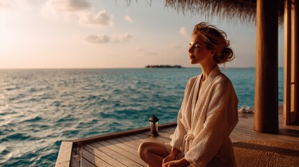 Fototapeta premium Woman Relaxing and Meditating Near Ocean Sunset at Beachside Beach House Balcony.