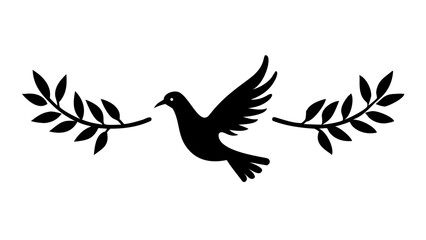Silhouette of a dove in flight centered between two olive branches symbolizing peace and hope emblem