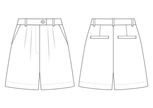 Vector fashion technical drawing of a pleated short trousers with front and back view. Double pleats on the left and right side of the front part. Slant pockets. Back darts. Welt Pockets. Woven fabric