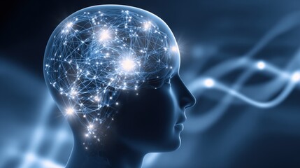 Human head silhouette with glowing neural network and digital brain connections.