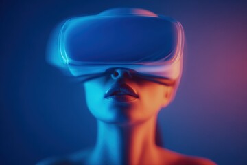 Close-up of a woman wearing a virtual reality headset with vibrant neon lighting.