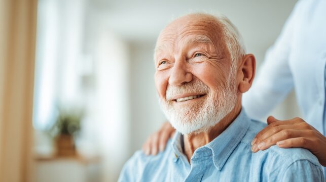 Elderly smiling man with white beard receiving caring hand on shoulder indoors.