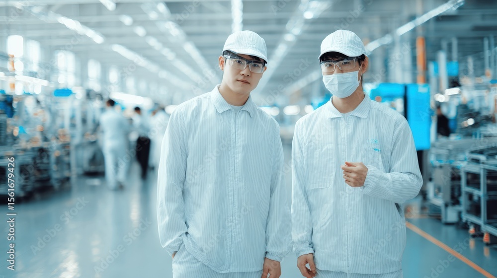 Aufkleber two engineers in protective clothing and face masks inspecting manufacturing output in a high-tech f