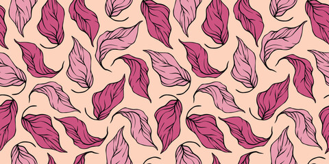 Delicate leaves in warm beige, blush, and soft brown overlap gracefully, outlined in black for bold contrast against a gentle ivory backdrop earthy, serene, and organic