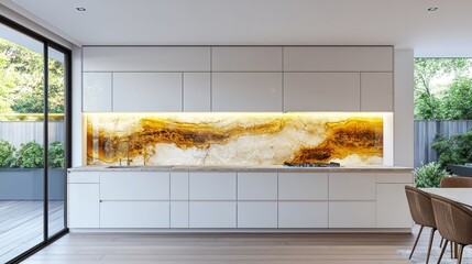Modern white kitchen with amber stone backsplash and outdoor view