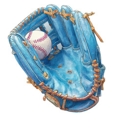 Baseball glove and ball: A beautifully detailed artistic depiction of a baseball and a blue baseball glove. Highlighting the sport in all its glory, from a simple overhead perspective.
