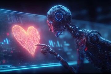 Futuristic robot interacting with glowing heart hologram in high tech digital environment.