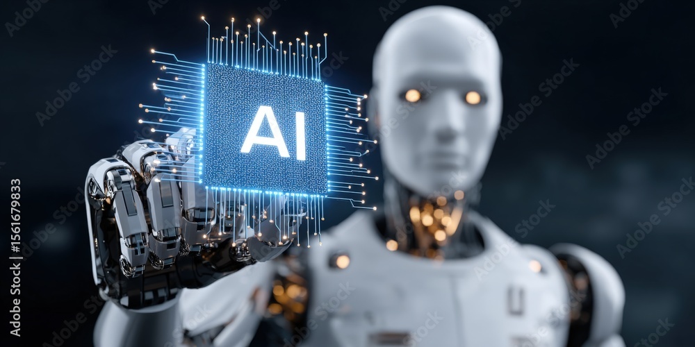 Poster Futuristic humanoid robot interacting with glowing AI chip in high-tech environment.
