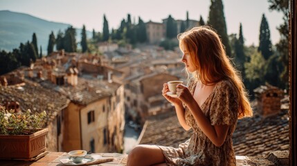 Young woman sitting on balcony overlooking scenic Italian town with mountains in background.