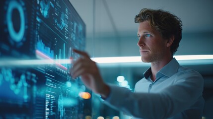 Young man analyzing digital data on futuristic transparent interface with graphs and charts.