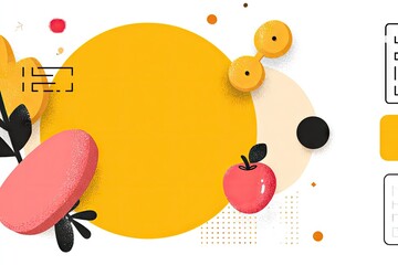 Abstract design with organic shapes,  yellow circle, and apple