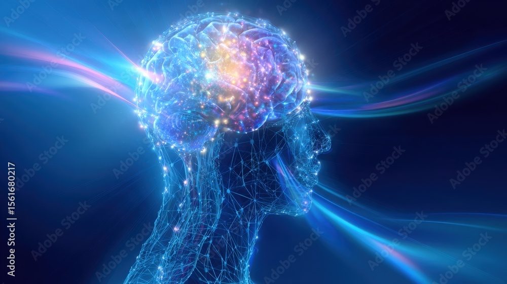 Poster digital illustration of a glowing human head silhouette with neural network and light effects.