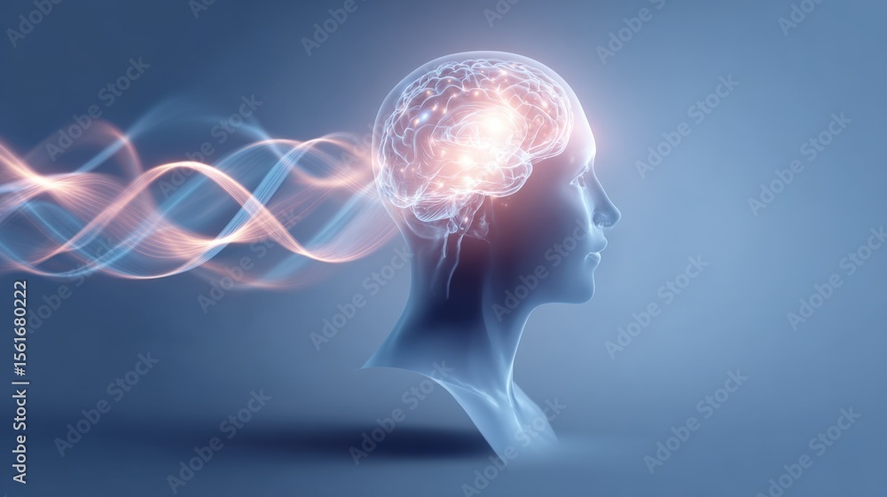 Poster artistic digital visualization of human brain connected to dna and neural network.