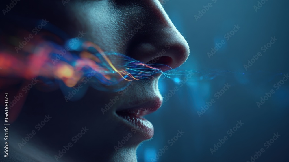 Poster close-up of a woman's face emitting colorful light patterns and glowing effects.