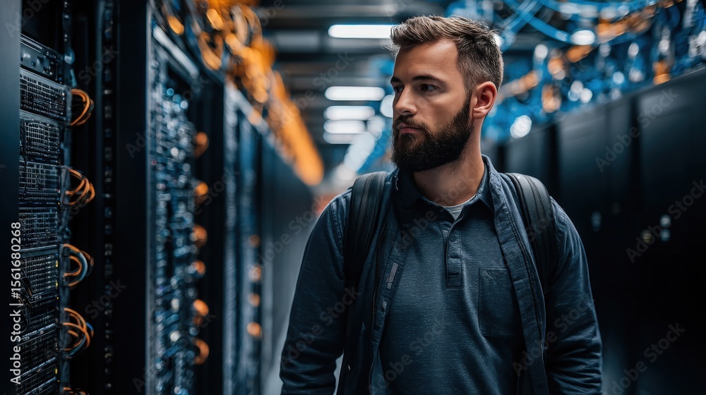 Poster a focused male technician working in a modern data center with servers and network cables.