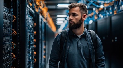 A focused male technician working in a modern data center with servers and network cables.