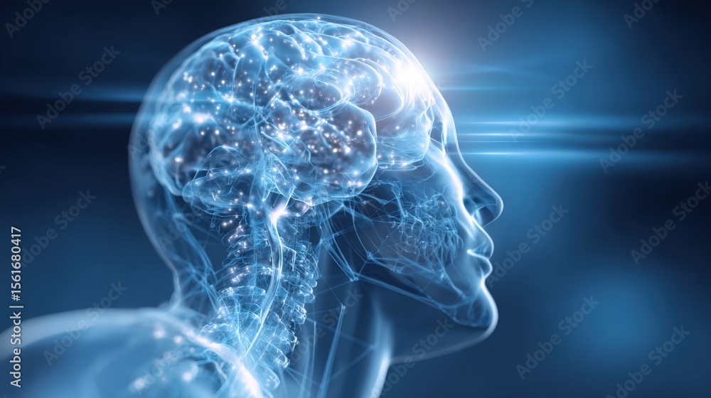 Poster highly detailed digital illustration of a human head and brain with glowing neural network visualiza