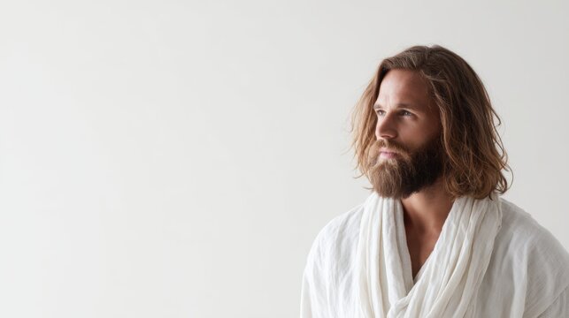 Thoughtful mature man with long hair and beard wearing white robe looking away in reflection.