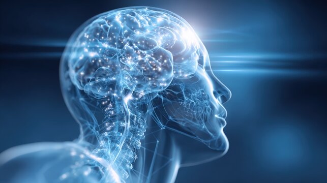 Highly detailed digital illustration of a human head and brain with glowing neural network visualization.