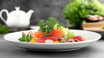 beautifully arranged plate of sashimi, with thinly sliced tuna, salmon, and octopus