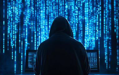 Hooded figure in front of computer screen with falling blue code backdrop