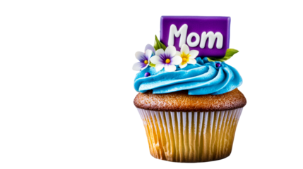 "Mom" message cupcake with turquoise frosting and floral accents, cut out transparent